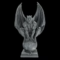 Detailed Winged Demon Sculpture Carving Crouching On Sphere With Pedestal Base