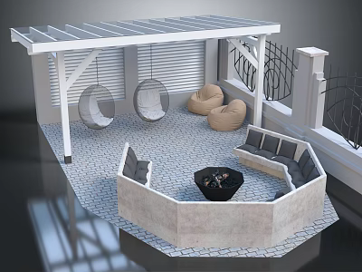 Garden Landscape With Pergola Hanging Chairs Bean Bags Octagonal Seating Fire Pit And Paved Floor 3d model