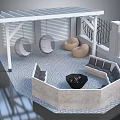 Garden Landscape With Pergola Hanging Chairs Bean Bags Octagonal Seating Fire Pit And Paved Floor