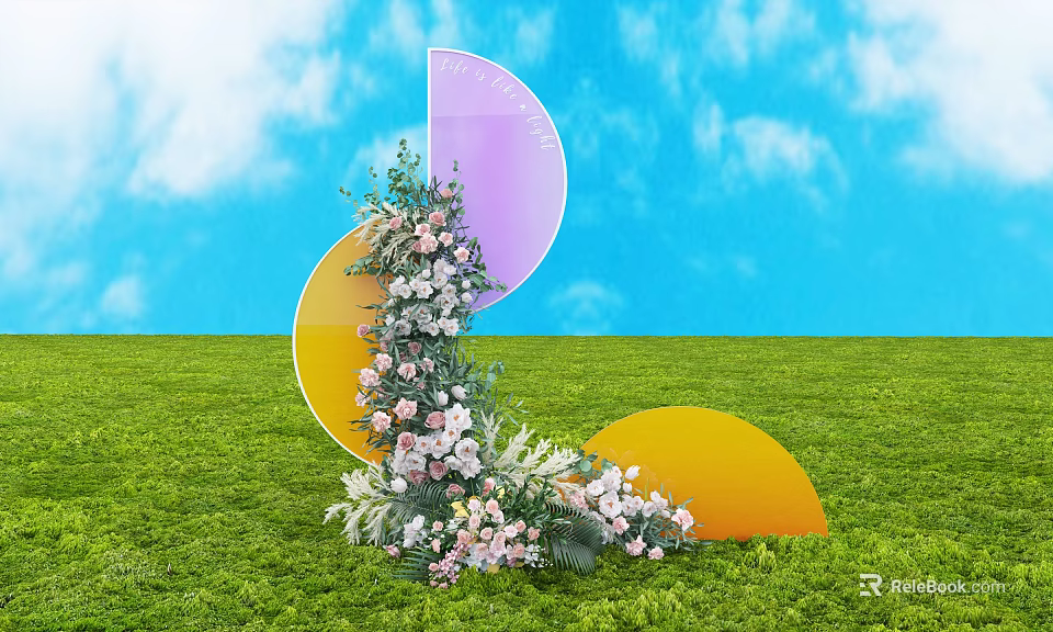 Vibrant Floral Installation With Pink White Flowers Purple Yellow Semi Circular Decorations On Green Grass 3d model 