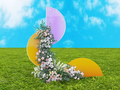 Vibrant Floral Installation With Pink White Flowers Purple Yellow Semi Circular Decorations On Green Grass 3d model