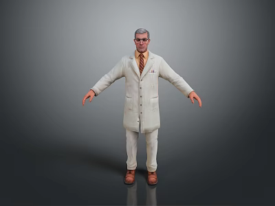 Man in White Coat and Pants with Glasses Tie Standing on Gray Background Arms Outstretched 3d model