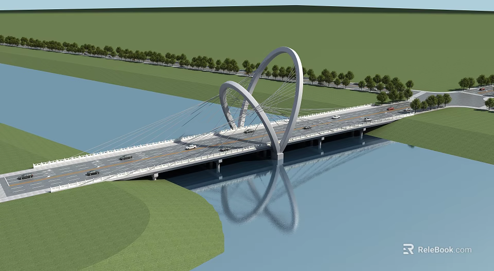 Modern Bridge Design With Unique Arch Towers Spanning River Green Landscape And Vehicle Reflection 3d model 