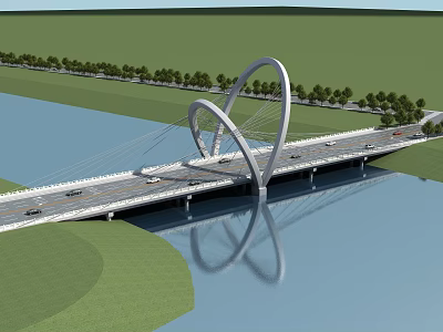 Modern Bridge Design With Unique Arch Towers Spanning River Green Landscape And Vehicle Reflection 3d model