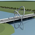 Modern Bridge Design With Unique Arch Towers Spanning River Green Landscape And Vehicle Reflection