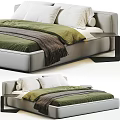 Comfortable Double Bed With Soft Mattress Green Duvet White Pillows And Nightstand