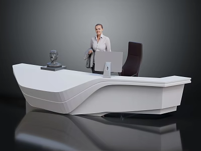 Modern White Curved Reception Desk With Black Chair Monitor And Sculpture 3d model