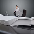 Modern White Curved Reception Desk With Black Chair Monitor And Sculpture