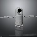White Robot Character Featuring Round Head Black Lens Mechanical Arms Small Wheels On Dark Background