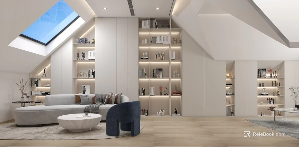 Modern Attic Entertainment Room With Skylight Bookshelves Sofa And Round Coffee Table 3d model 