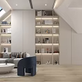 Modern Attic Entertainment Room With Skylight Bookshelves Sofa And Round Coffee Table