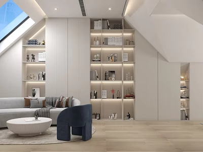 Modern Attic Entertainment Room With Skylight Bookshelves Sofa And Round Coffee Table 3d model