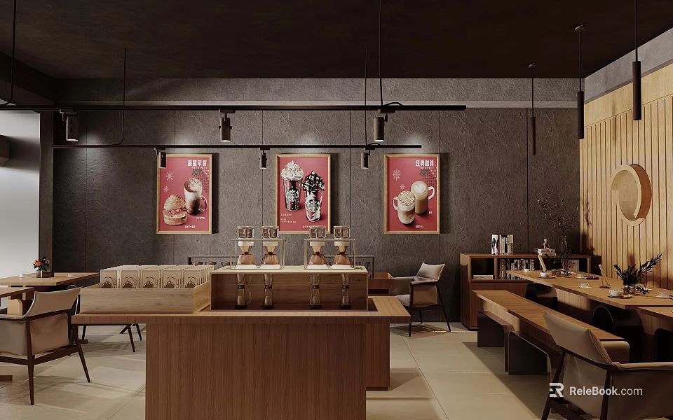 Modern Cafe Interior Design With Wooden Counter Decorative Posters Hanging Lights And Coffee Area 3d model 