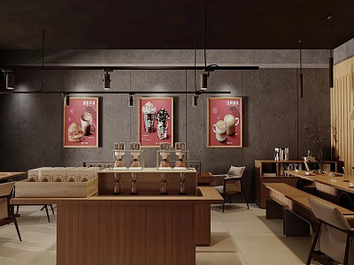 Modern Cafe Interior Design With Wooden Counter Decorative Posters Hanging Lights And Coffee Area 3d model