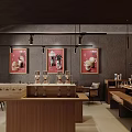 Modern Cafe Interior Design With Wooden Counter Decorative Posters Hanging Lights And Coffee Area