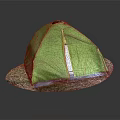 Green Dome Shaped Tent with Yellow Zipper on Gravel Platform against Dark Background and Reflection