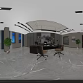 Modern Office Interior With Wooden Bookshelves Green Plants Large Windows And Marble Floor