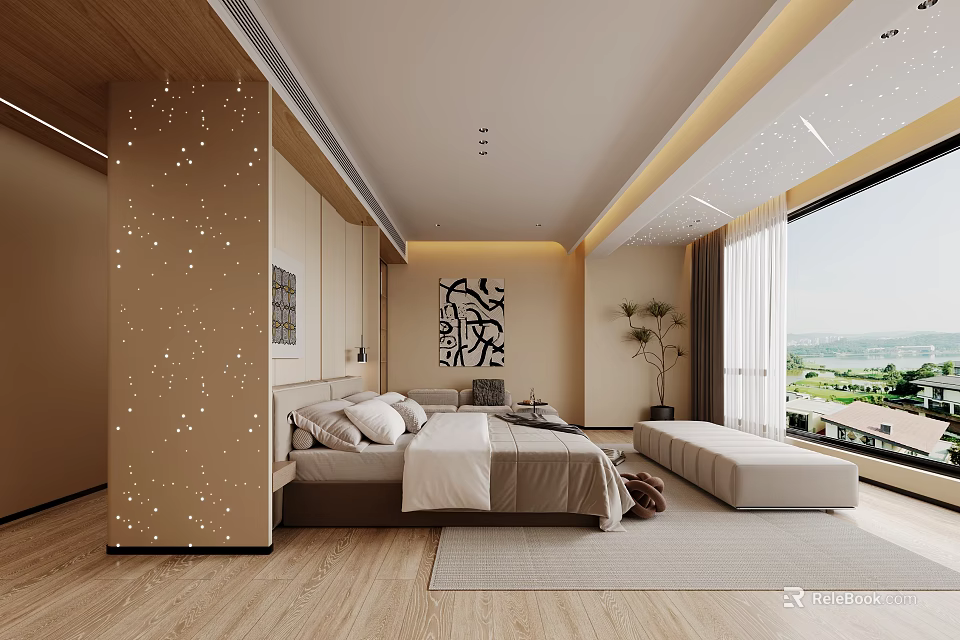Modern Bedroom Interior With Starry Accent Wall Bed Bench Rug Artwork And Scenic View 3d model 