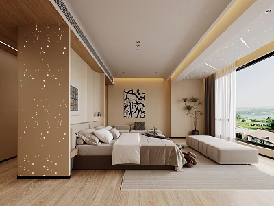 Modern Bedroom Interior With Starry Accent Wall Bed Bench Rug Artwork And Scenic View 3d model