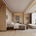 Modern Bedroom Interior With Starry Accent Wall Bed Bench Rug Artwork And Scenic View