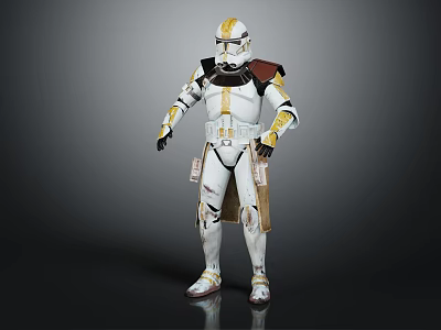 Damaged Clone Trooper in White Yellow Brown Armor with Cloak Standing Pose 3d model