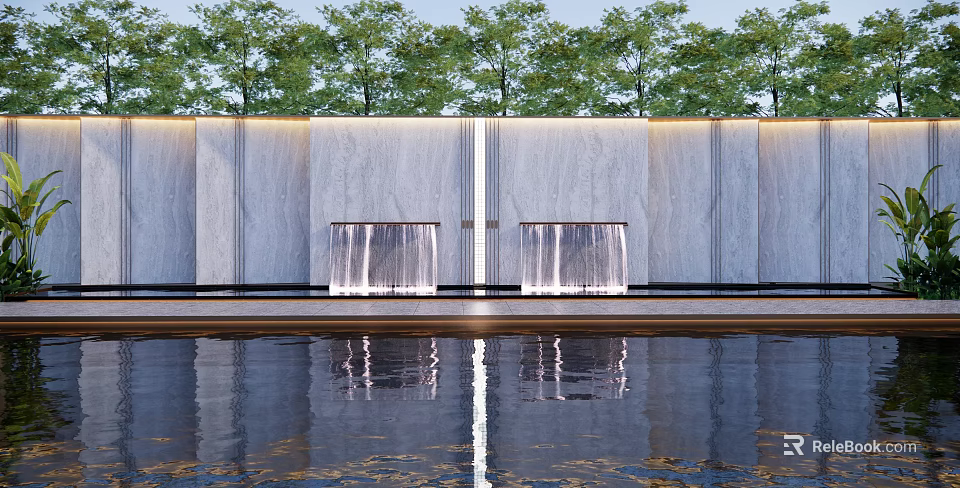 Stone Feature Wall with Waterfall and Water Reflection in Front Surrounded by Green Trees 3d model