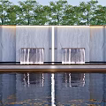 Stone Feature Wall with Waterfall and Water Reflection in Front Surrounded by Green Trees 3d model