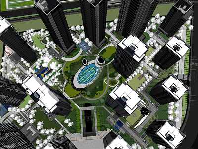 Urban Garden Landscape Design With Central Water Feature And High Rise Buildings 3d model