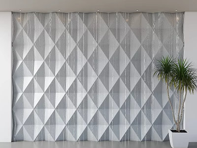 Modern Gray White Diamond Pattern Background Wall With Vertical Lines Decorative Dots And Indoor Palm 3d model