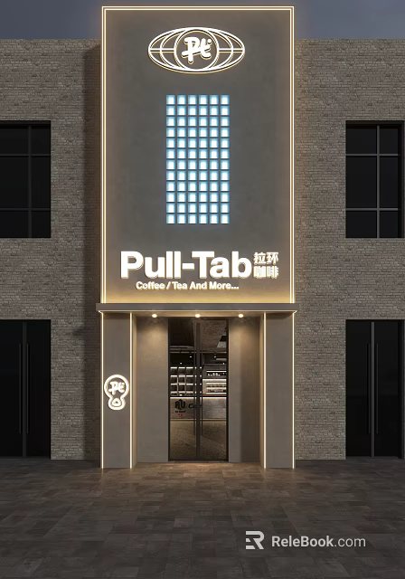 Pull-Tab Cafe Exterior With Coffee Tea Signage Brick Wall Lighting And Entrance 3d model 