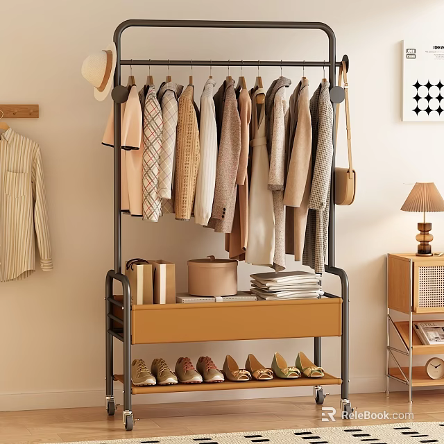 Modern Metal Frame Clothes Rack with Hanging Neutral Tone Clothes and Shoe Storage Drawer 3d model 