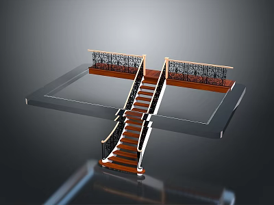 Modern Staircase With Wooden Steps And Black Railings On Elevated Platform Design 3d model