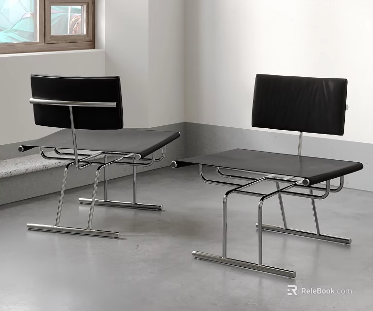 Black Leather Leisure Chairs With Modern Metal Frame For Stylish Living Room Interior 3d model 