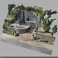 Modern Outdoor Decorative Scene With Stone Wall Spiral Staircase Green Plants And Stone Path