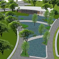 Water Fountain in Serene Urban Park with Tall Trees Modern Buildings and Lush Greenery