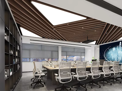 Modern Conference Room Interior With Long Table Ergonomic Chairs Bookshelves And Wooden Beam Ceiling 3d model