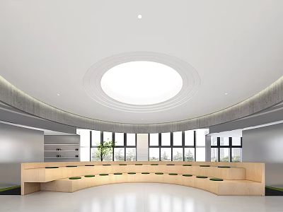 Bright Modern Lounge Area With Circular Skylight Curved Wooden Seating And Green Cushions 3d model