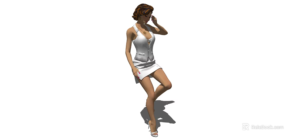 Woman in white dress with brown hair adjusting hair standing elegantly on one leg 3d model 