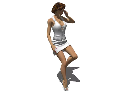 Woman in white dress with brown hair adjusting hair standing elegantly on one leg 3d model