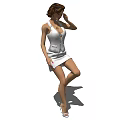 Woman in white dress with brown hair adjusting hair standing elegantly on one leg