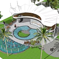 Modern Outdoor Garden Pavilion Design With Circular Water Fountain Palm Trees And Seating Areas