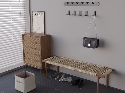 Woven Shoe Bench with Drawer Cabinet Wall Hooks Hanging Bag and Shoes in Modern Entryway 3d model