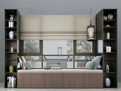 Cozy Bay Window Seating With Upholstered Cushion Seat Built in Bookshelves And Trees Outside 3d model