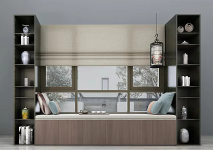 New Chinese Style Bay Window Cushion Solid Wood Bay Window Curtain 3d model