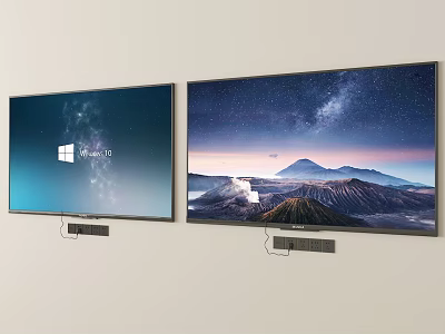 Two Wall Mounted TVs Showing Windows 10 Interface And Scenic Mountain Starry Sky 3d model