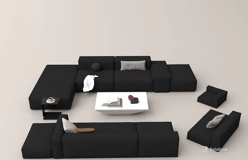Black Modular Sofa and Coffee Table Set with White Coffee Table Cushions and Side Table 3d model