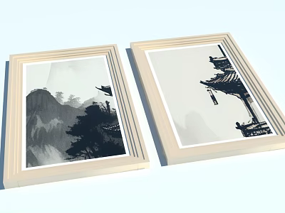 Black And White Landscape Painting With Mountains Trees And Pavilion In Wooden Frames 3d model