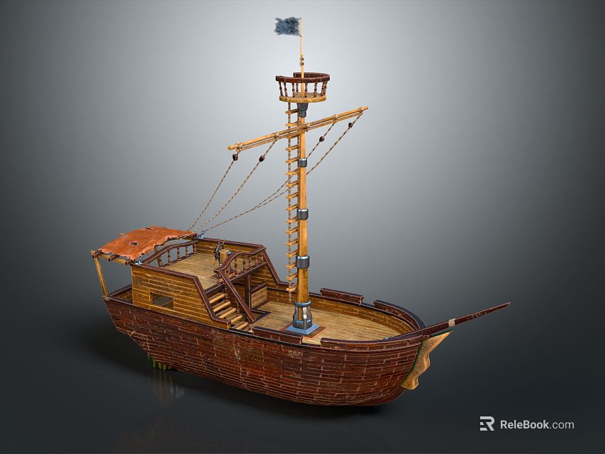 Vintage Wooden Ship With Tall Mast Deck Stairs And Brown Carved Hull 3d model 
