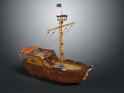 Vintage Wooden Ship With Tall Mast Deck Stairs And Brown Carved Hull 3d model