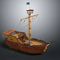 Vintage Wooden Ship With Tall Mast Deck Stairs And Brown Carved Hull